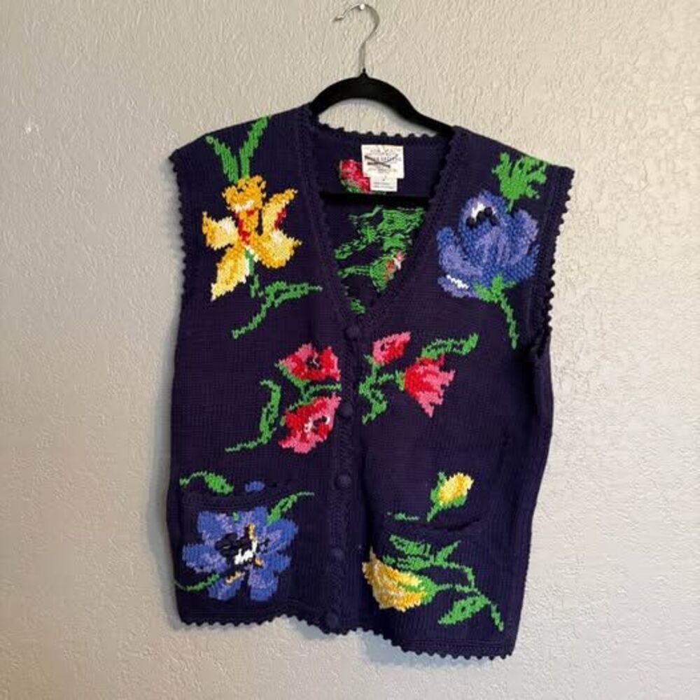 Vintage Susan Bristol Floral Knit Vest Cottagecore Granny Chic Ramie Cotton M